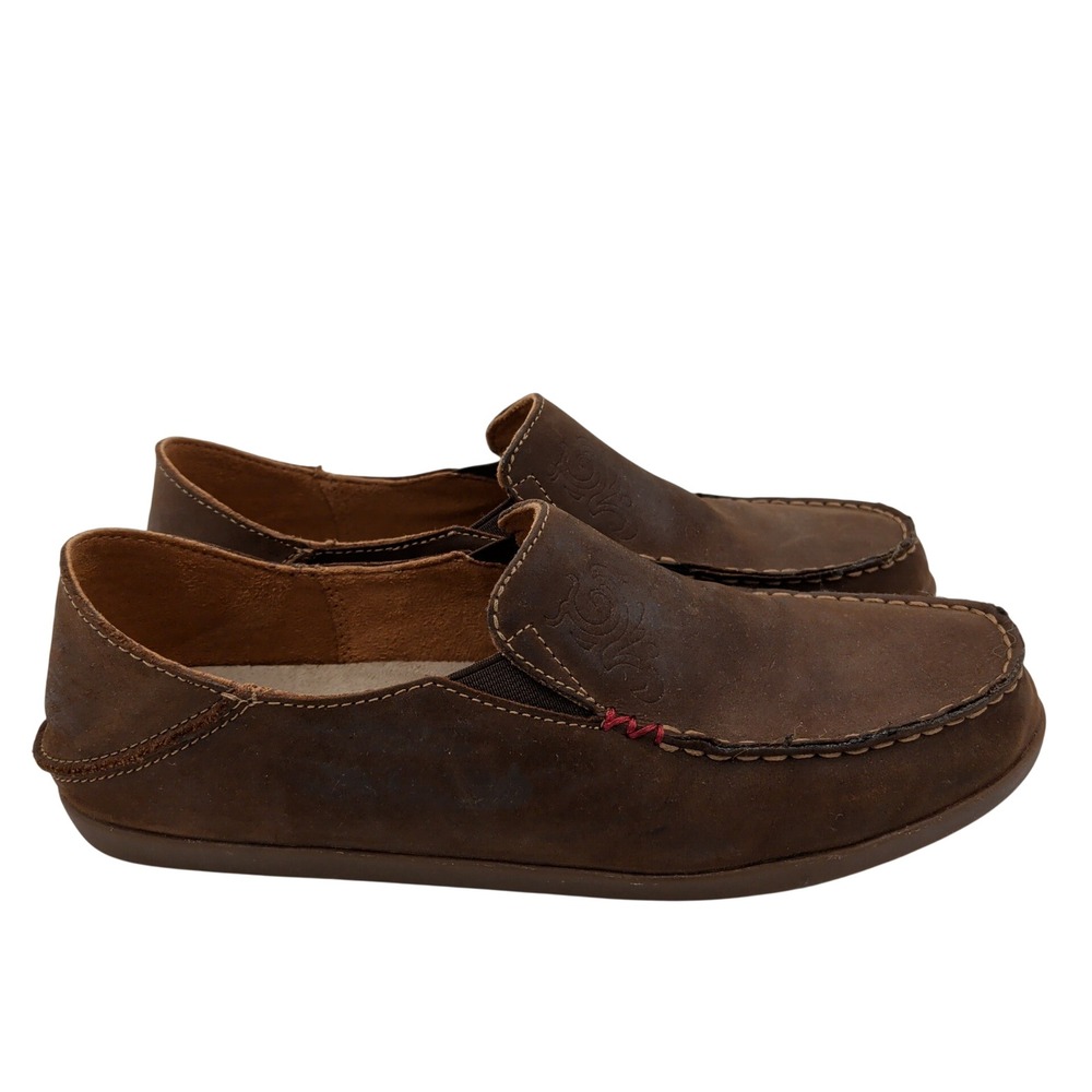 OluKai Nohea Nubuck Dark Java Tan Leather Slip On Loafers Womens 9.5 20174-4834